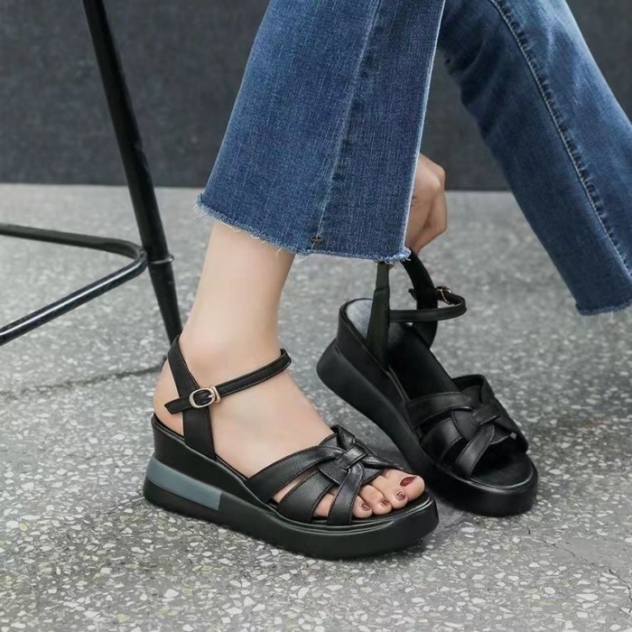 sản phẩm mới, gót nêm một chữ, sandal cao gót vừa, phong cách mới mùa hè cho nữ, đế dày đế chống