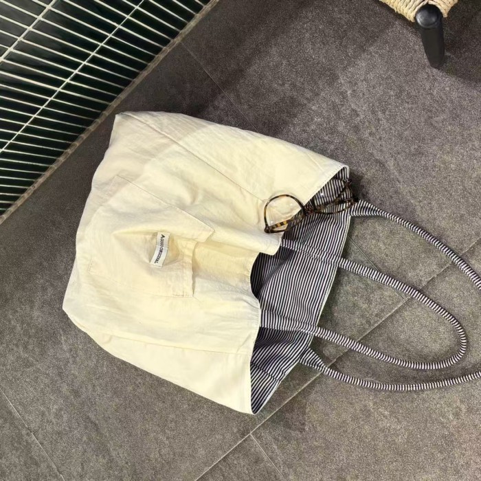 phong cách Hàn Quốc túi tote sọc hai mặt sức chứa lớn dành cho nữ thời trang văn học giản dị,