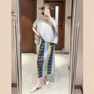 chiếc váy kẻ sọc ngang lưng tương phản kiểu cổ điển Nhật Bản Miyake váy cạp cao xếp li mùa hè