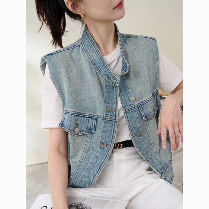 Lan Retro Áo Vest Denim Xuân Thu, Cổ Đứng và Miếng Lót Vai, Thích Hợp Thời Trang