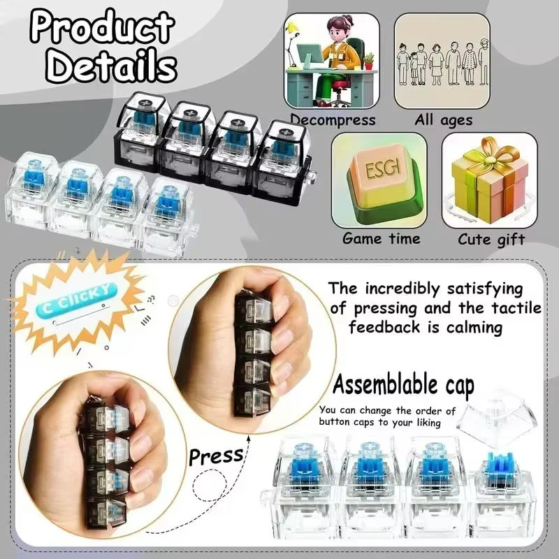 [Sẵn sàng] Móc khóa bàn phím phát sáng LED Đồ chơi Fidget Đồ chơi cảm giác Crystal Clicker để giảm căng thẳng Móc khóa bàn phím Tiện ích Fidget cho người lớn Trẻ em