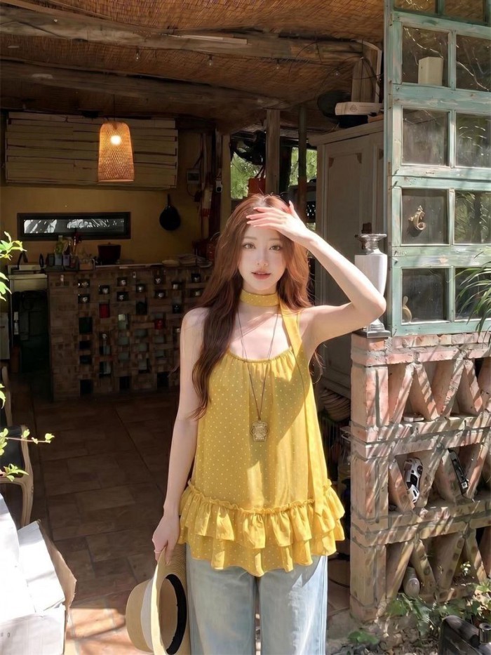 Khí chất ngọt ngào dịu dàng chấm bi nhún nhún nhỏ áo yếm mùa hè kiểu dáng mới rộng rãi và tho