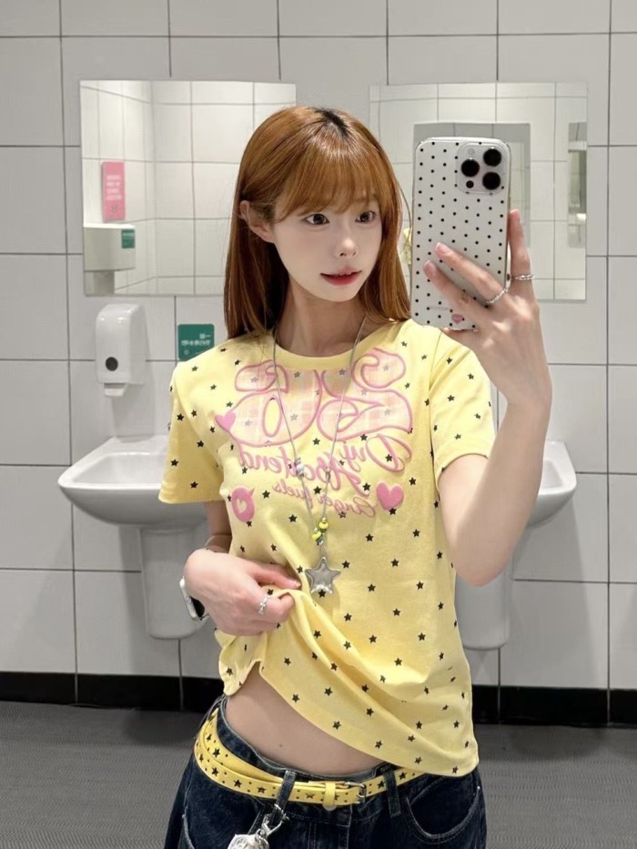 Áo thun ngắn tay in hình ngôi sao vàng của hot girl Hàn Quốc Mỹ cho nữ mặc mùa hè, áo giảm bé
