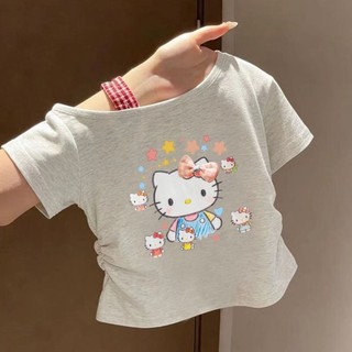 Mùa hè ngọt ngào trẻ em khâu vá cho bé gái giả hai mảnh kẻ sọc trễ vai áo thun ngắn tay in hình cỡ