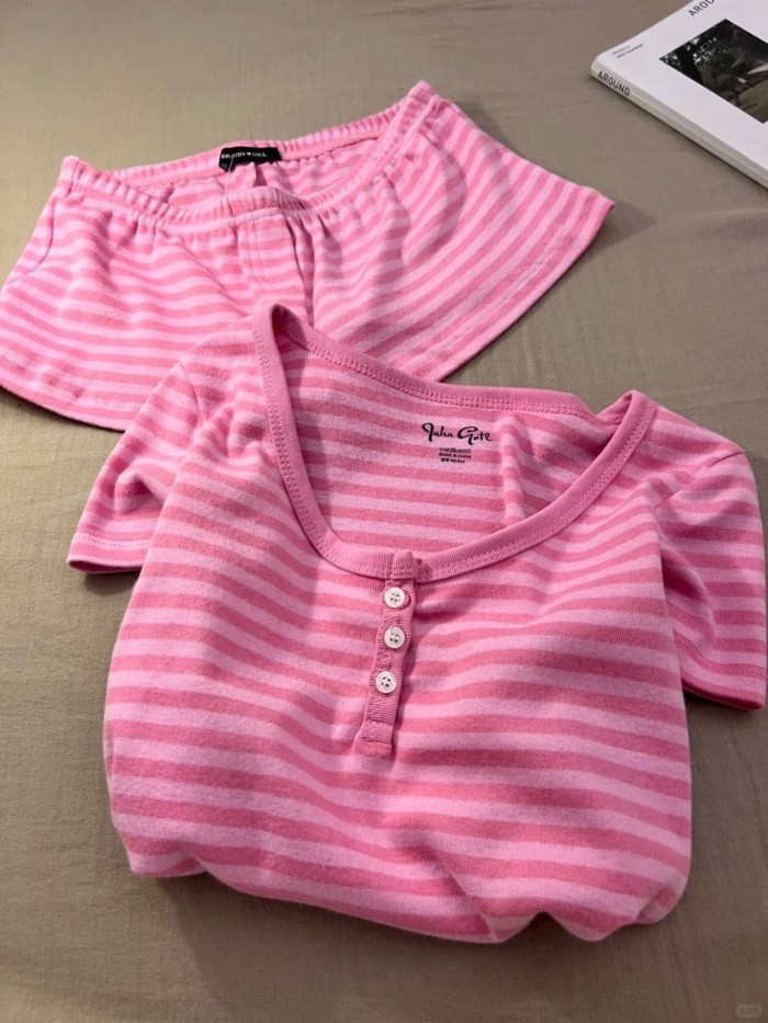 Mỹ nguyên chất ham muốn sọc hồng cổ tròn nút Bộ đồ ngủ cho nữ mùa hè mới quần short ngắn tay