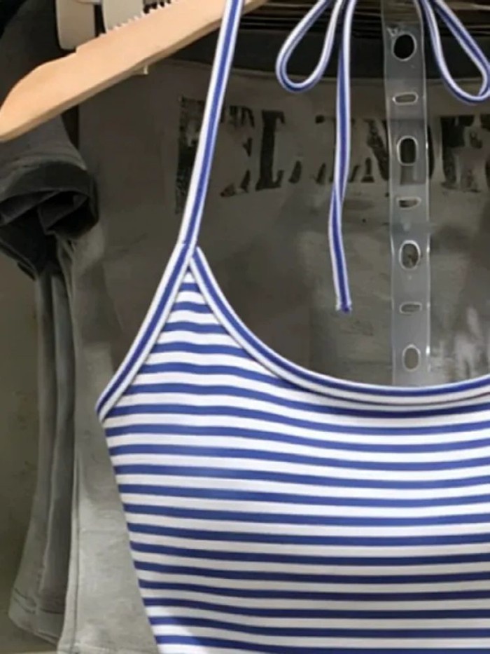 Lan ~ Dây Sọc Cổ Sling Nữ Phối Ren Mỏng Hơn Nhìn Tươi Đẹp Phong Cách Preppy Không Tay Áo Nhỏ