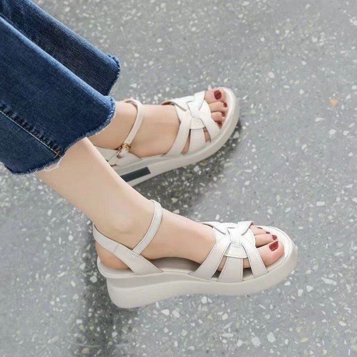 sản phẩm mới, gót nêm một chữ, sandal cao gót vừa, phong cách mới mùa hè cho nữ, đế dày đế chống