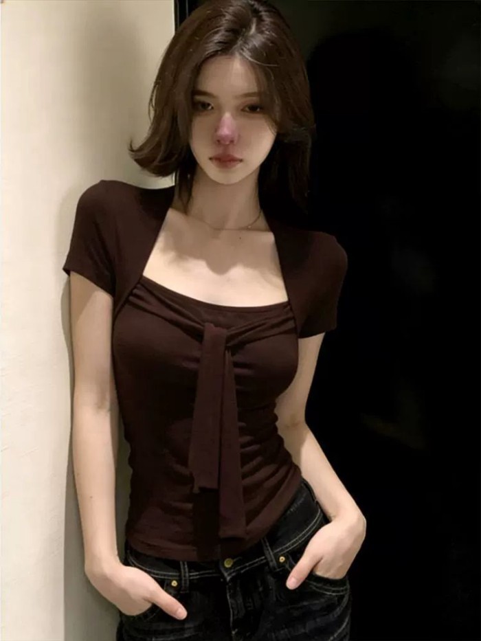 Áo thun ngắn tay cổ vuông thiết kế thời trang Mỹ dành cho nữ mùa hè mới thiết kế hot girl giả