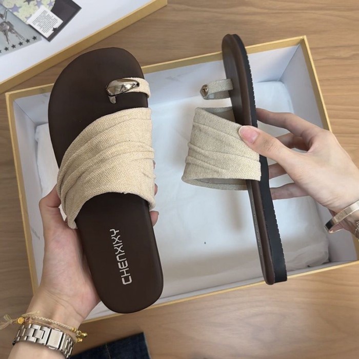 Lan ~ Pháp Siêu Mềm Xếp Ly Da Báo In Dép Nữ Mùa Hè Mặc Ngoài Phong Cách Mới Flat Niche Đẹp Bộ Ngón Chân Flip-Flops
