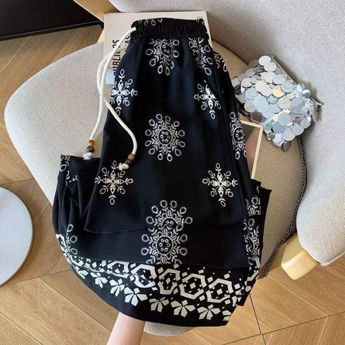 dáng rộng kích thước lớn ngày lễ phong cách dân tộc hoa quần ống rộng cho nữ mùa hè mỏng thun mỏ