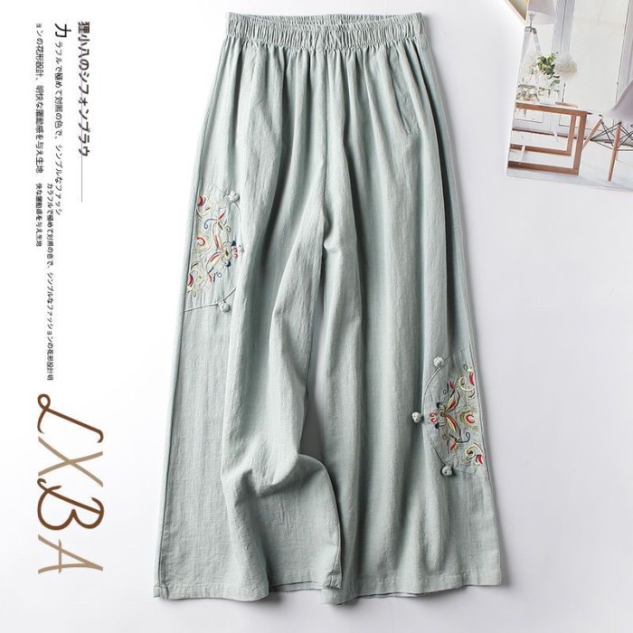 chiếc quần cotton và lanh mùa hè dành cho nữ, quần ống rộng thêu phong cách dân tộc retro mỏng,