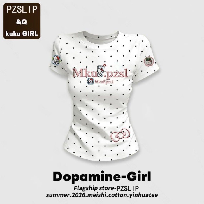 Áo thun ngắn tay cổ tròn chấm bi không bóng dành cho nữ mùa xuân hè xanh bạc hà dopamine slim fit t