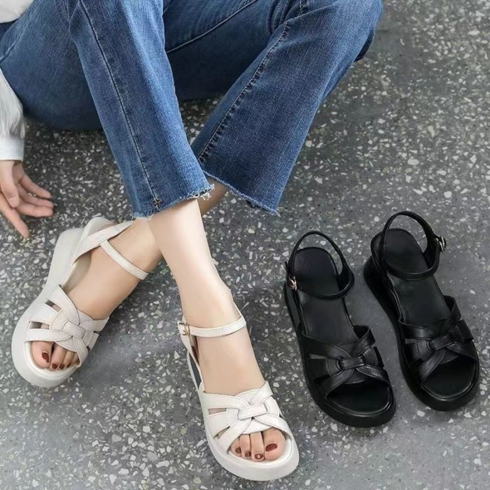 sản phẩm mới, gót nêm một chữ, sandal cao gót vừa, phong cách mới mùa hè cho nữ, đế dày đế chống
