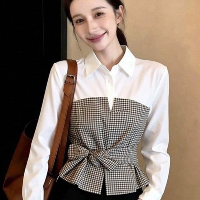 áo dây thắt lưng đi làm đầu xuân áo sơ mi giả hai mảnh cao cấp độc đáo và đẹp mắt dành cho nữ