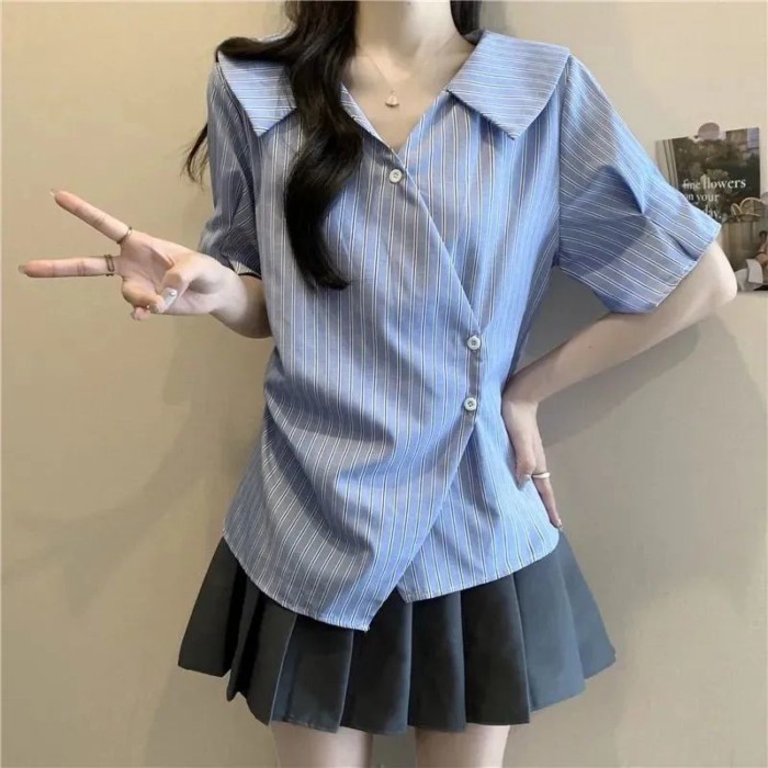 Áo sơ mi cổ chữ V phong cách Pháp cho nữ mùa hè, áo ngắn tay xếp ly không đều cao cấp giảm béo c