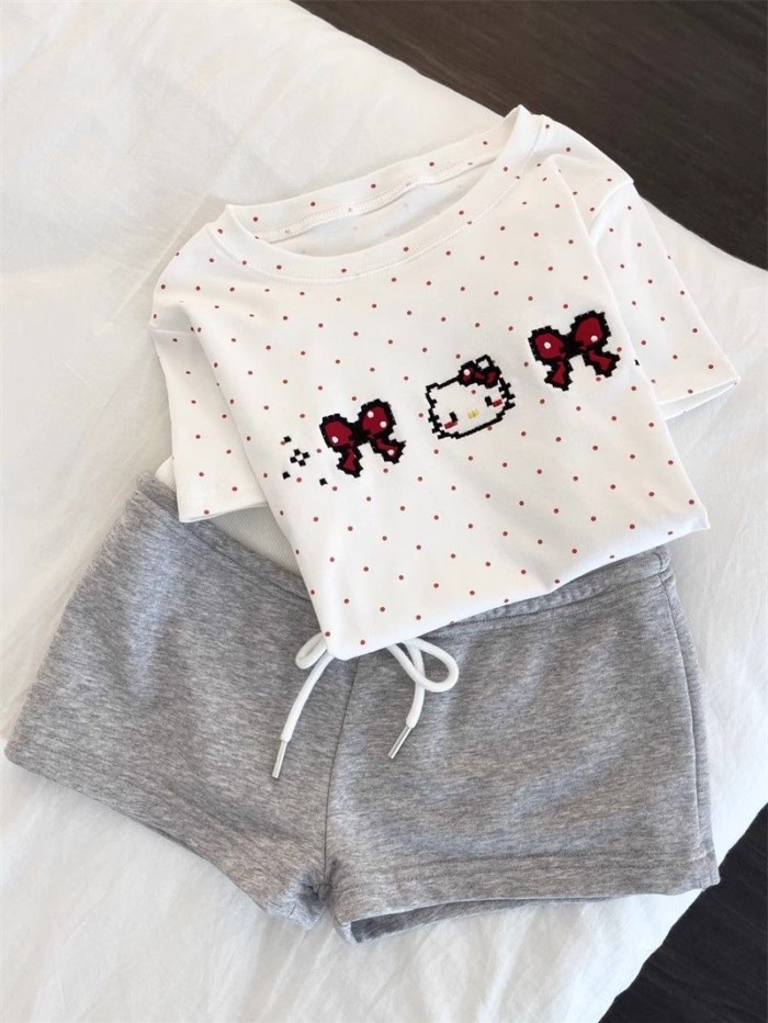 Kitty Bộ đồ ngủ ngắn tay in họa tiết chấm bi màu đỏ dành cho nữ mùa hè Áo thun ngắn tay có thể