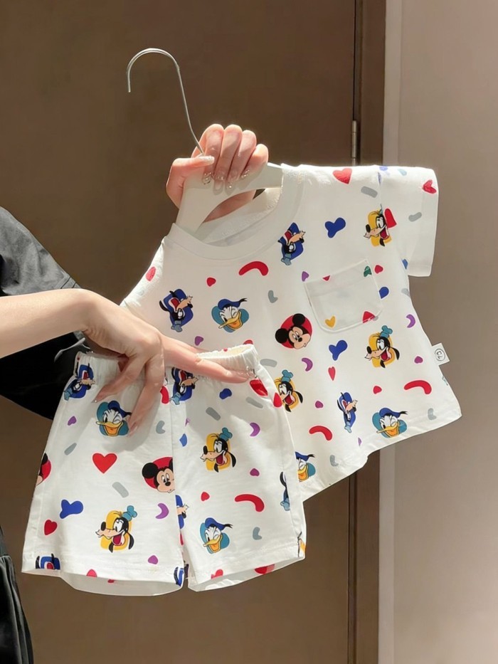 Quần áo mặc nhà mùa hè mới cho bé trai và bé gái, quần ngắn tay in hoạt hình, đồ ngủ, bộ đồ đ