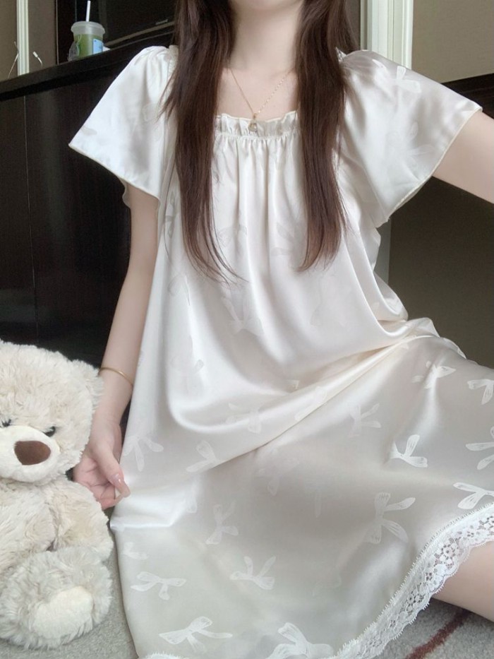 Váy ngủ ngắn tay phối ren cao cấp dành cho nữ, đồ ngủ lụa băng mùa hè kiểu dáng giản dị, dài