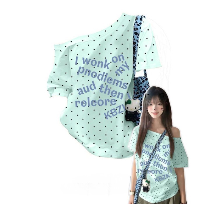 Áo thun ngắn tay lệch vai chấm bi cho nữ Áo trễ vai kiểu Mỹ retro lệch vai mùa hè một vai áo