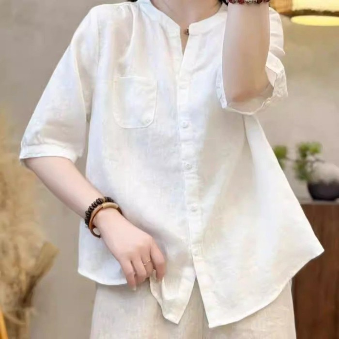 Áo sơ mi sạch sẽ ngắn tay bằng cotton và vải lanh cho nữ, áo sơ mi ôm một bên ngực, áo len dáng rộn
