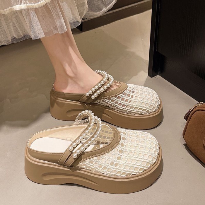 Dép sandal đế dày kiểu Pháp nữ mũi vuông đan cói hè du lịch platform