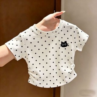 Áo thun ngắn tay chấm bi mùa hè cho bé gái phong cách Hàn Quốc Áo thun cotton co giãn kiểu dáng trẻ