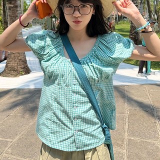 Áo sơ mi ngắn tay kiểu dáng cổ điển văn học hàn quốc thiết kế cổ điển dành cho nữ áo sơ mi kẻ