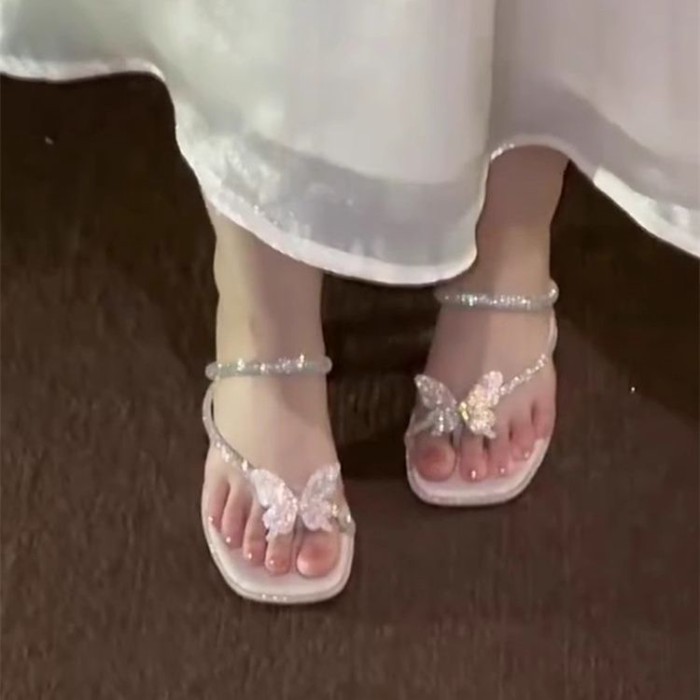 Giày Xăng Đan Gót Dày Đính Kim Cương Giả Cho Nữ Mặc Mùa Hè Cổ Tích Nơ Thông Giày Sandal Cao Gót
