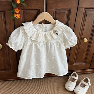 Áo sơ mi ren cổ lọ ngắn tay dành cho bé gái mùa hè có đế bằng vải cotton dành cho trẻ sơ sinh