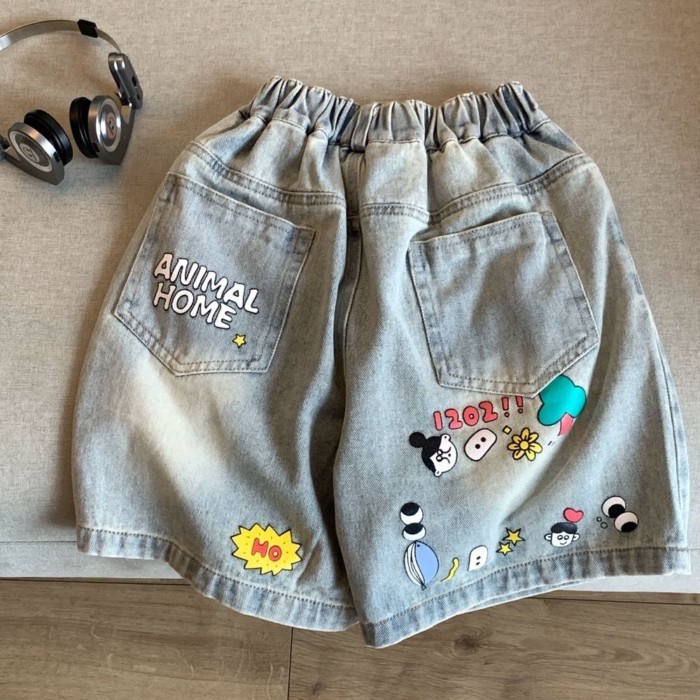 Quần Short Denim In Hoạt Hình Bé Trai Quần Trẻ Em Mùa Hè Quần Phong Cách Hàn Quốc Quần Áo Trẻ