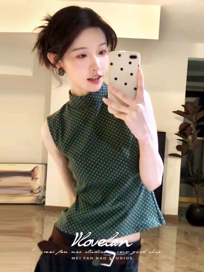 Lan ~ Retro Chấm Bi In Hình Nửa Cổ Rùa Áo Vest Không Tay Nữ Mùa Hè Tính Khí Slim-fit Ôm Hơn Nhìn Đi Lại Top