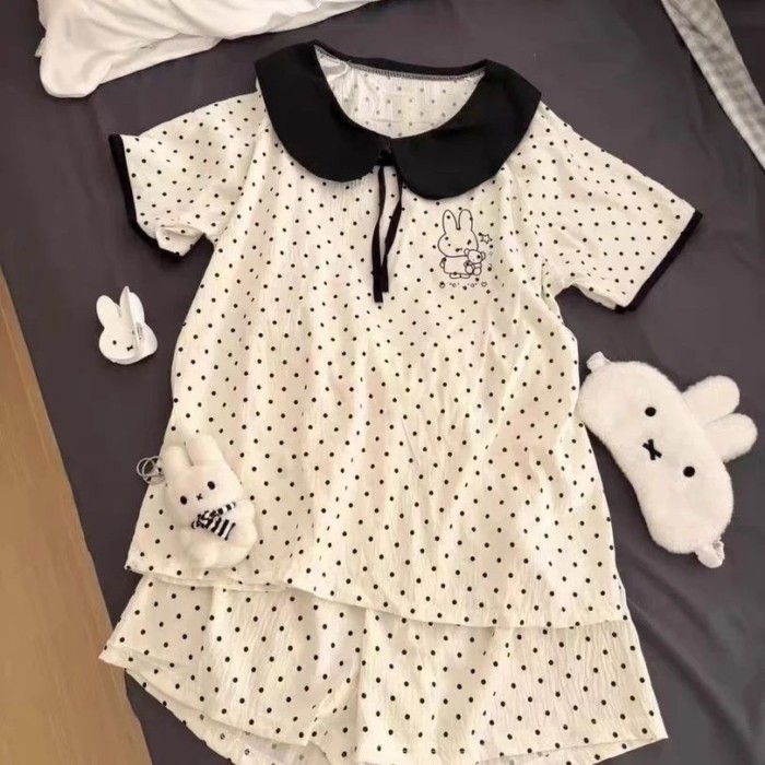 Bộ đồ ngủ in hình chú thỏ Miffy dễ thương chấm bi cho trẻ em giữa và lớn Bộ quần áo ngắn tay