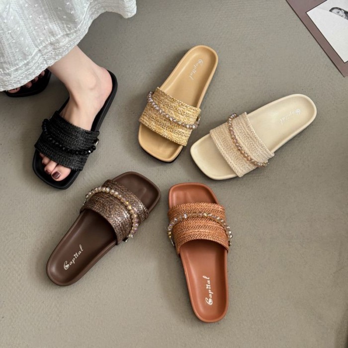 Dép dệt đính cườm dành cho nữ mặc ngoài mùa hè thời trang mới đế phẳng dép đi biển đế mềm cao