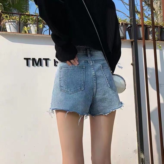 Quần short denim nữ mùa hè lưng cao học sinh mới giảm béo phong cách Hàn Quốc ống rộng dáng rộ