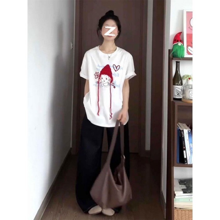 Áo thun ngắn tay dệt kim ba chiều Cô bé quàng khăn đỏ ngọt ngào và dễ thương dáng rộng giản d