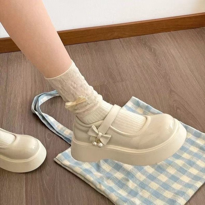 Giày da nhỏ Mary Jane dành cho nữ phong cách Anh quốc nơ đế dày tăng chiều cao đa năng Giày p