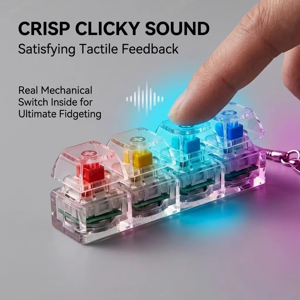 [Sẵn sàng] Móc khóa bàn phím phát sáng LED Đồ chơi Fidget Đồ chơi cảm giác Crystal Clicker để giảm căng thẳng Móc khóa bàn phím Tiện ích Fidget cho người lớn Trẻ em