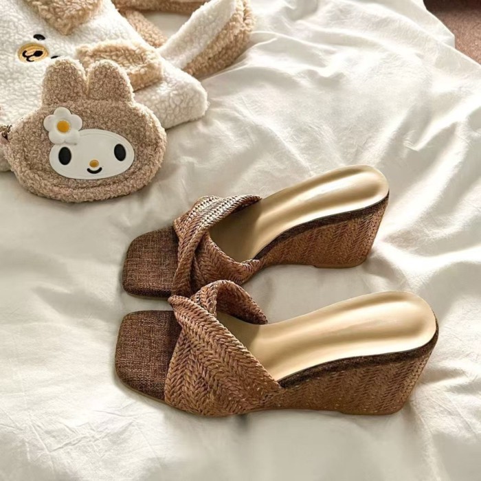 Vô cùng thoải mái! Dép đế bệt mũi vuông bện phong cách retro dành cho nữ đi biển cao gót dép