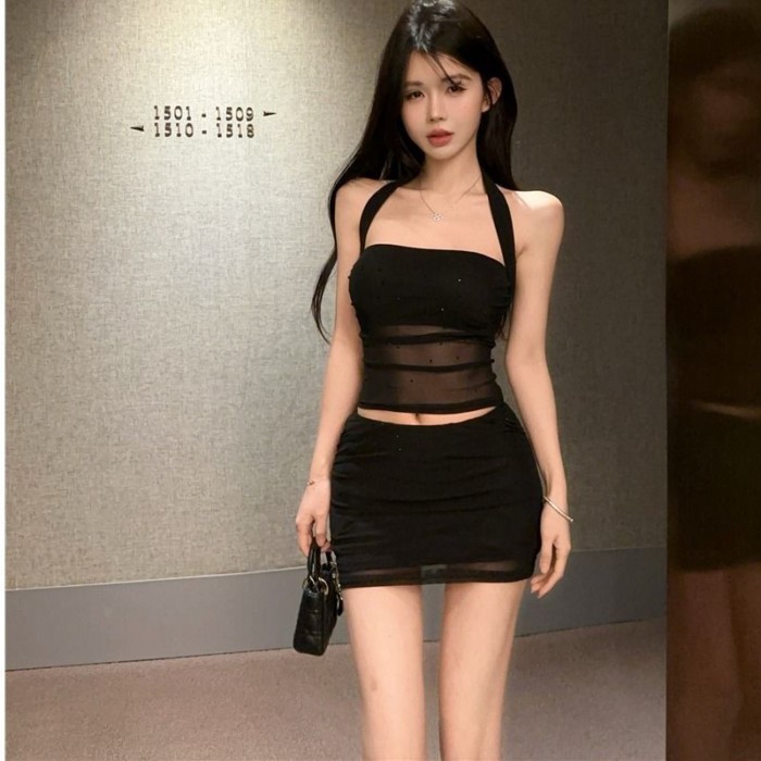 Đen Ngắn Gợi Cảm Rốn Lộ Halterneck Top Nửa Thân Hông Che Váy Phù Hợp Với Váy Lưới Thời Trang