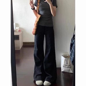 Quần jean ống rộng không chân màu đen phong cách mới của Mỹ mùa xuân hè đa năng quần ống rộng