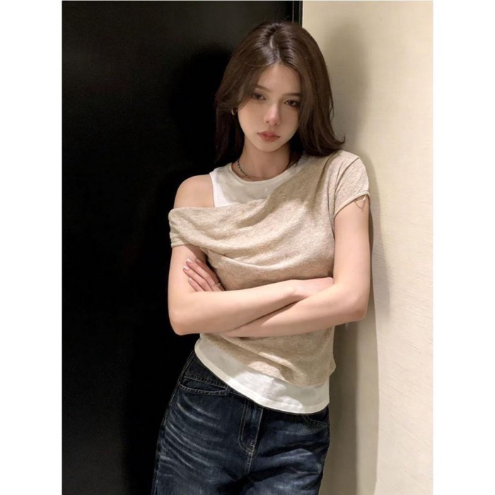 Áo thun ngắn tay cổ tròn giả hai mảnh phong cách retro Mỹ dành cho nữ với áo crop top giảm bé