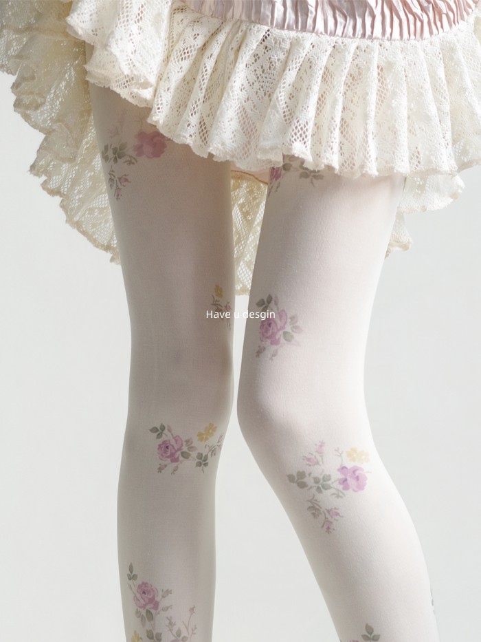 Quần legging trắng nữ họa tiết hoa hồng in nhung, phong cách retro, phù hợp cho mùa xuân