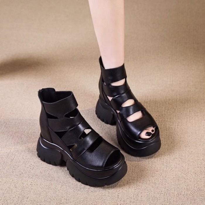Giày sandal ngoài bằng da mềm mùa hè, giày cao gót đế bệt đa năng, giày nữ, giày La Mã rỗng đế dày