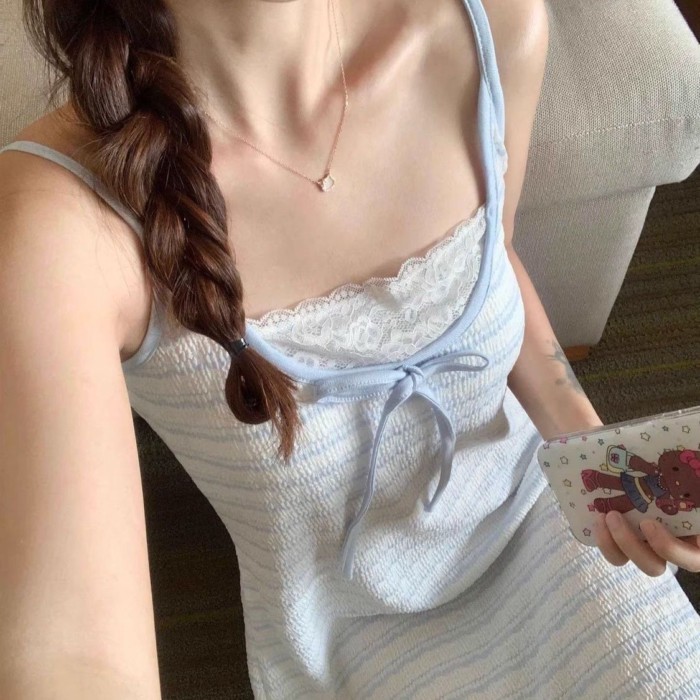 Nguyên Chất Desire Sọc Váy Ngủ Xanh Mùa Hè Gợi Cảm Suspender Mới Ren Có Thể Lộ Nhà Quần Áo Mi