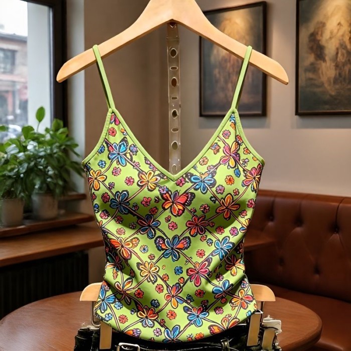 Lan ~ Sản phẩm mới Rò Rỉ Áo yếm Pháp Mùa hè Phong cách mới Không tay Slim-fit Phong cách phương Tây In đáy Top Phù hợp