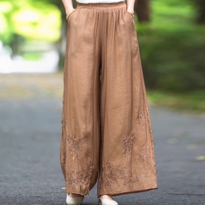 28 Phong Cách Trung Hoa Mới Phong Cách Quốc Gia Thêu Quần Ống Rộng Thêu Retro Nữ Mùa Hè Co Giãn Mỏn
