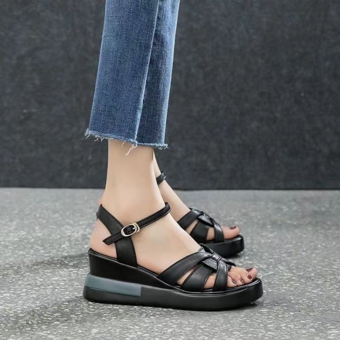 sản phẩm mới, gót nêm một chữ, sandal cao gót vừa, phong cách mới mùa hè cho nữ, đế dày đế chống