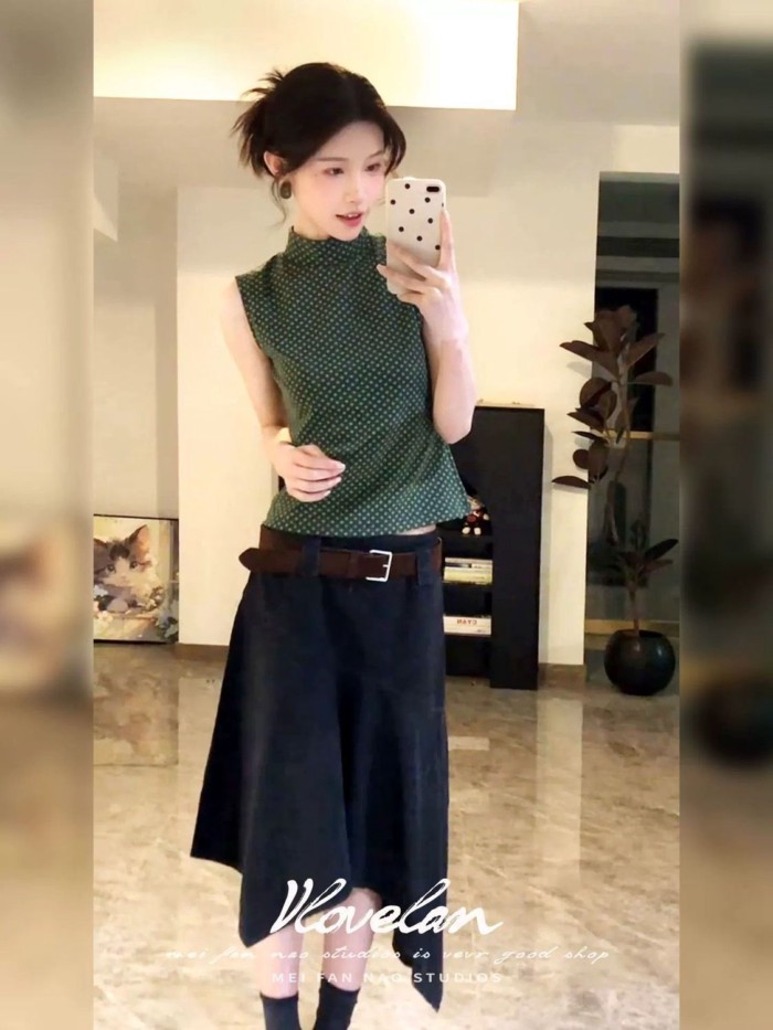 Lan ~ Retro Chấm Bi In Hình Nửa Cổ Rùa Áo Vest Không Tay Nữ Mùa Hè Tính Khí Slim-fit Ôm Hơn Nhìn Đi Lại Top