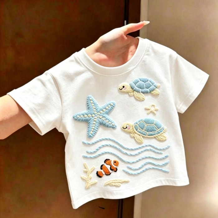 Trẻ em giả thêu dễ thương in hình cá hoạt hình áo thun ngắn tay bé gái đa năng, chất liệu cott