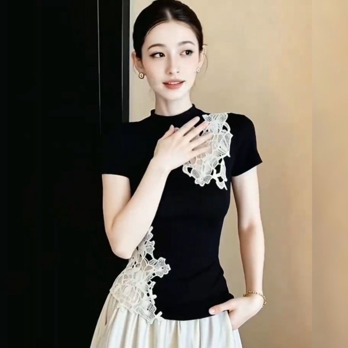 Áo thun ngắn tay phối ren cotton nguyên chất phong cách Trung Hoa mới cho phái đẹp thon gọn tron